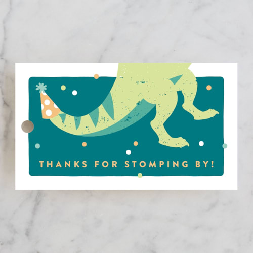This is a jungle kids gift tags with standard by Joanna Griffin called stomp and chomp dino printing on signature in tag