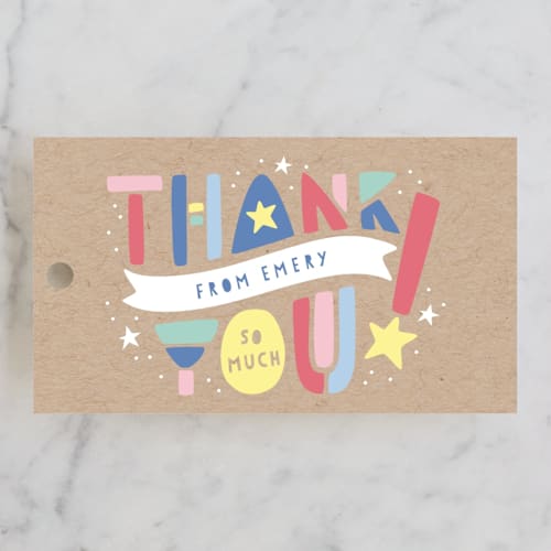 This is a kraft kids gift tags with standard by Laura Hankins called colorblock printing on signature in tag