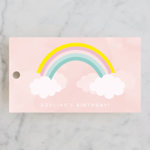 This is a peach kids gift tags with standard by Angela Thompson called sparkly rainbow printing on signature in tag