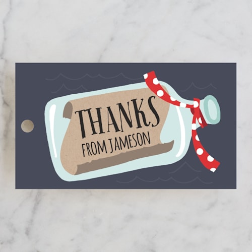 This is a cherry red kids gift tags with standard by JeAnna Casper called message in a bottle printing on signature in tag