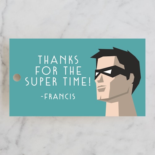This is a fire kids gift tags with standard by Jessica Prout called calling all superheroes printing on signature in tag