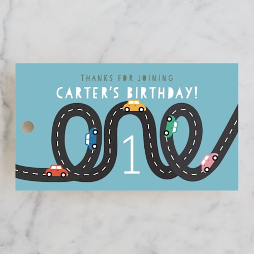 This is a sky kids gift tags with standard by Jennifer Lew called little racer printing on signature in tag