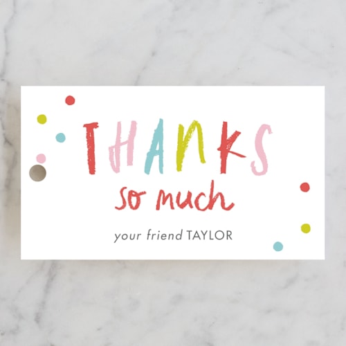 This is a bubblegum kids gift tags with standard by Stacey Meacham called confetti bash printing on signature in tag