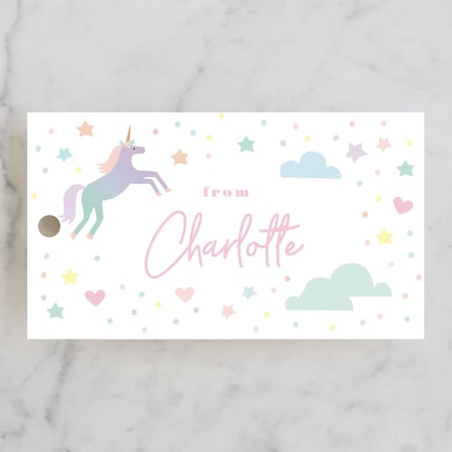 This is a bubblegum kids gift tags with standard by Jennifer Wick called unicorn dreams printing on signature in tag