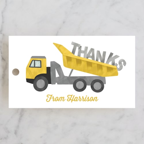 This is a haystack kids gift tags with standard by Joanna Griffin called bulldozer bash printing on signature in tag