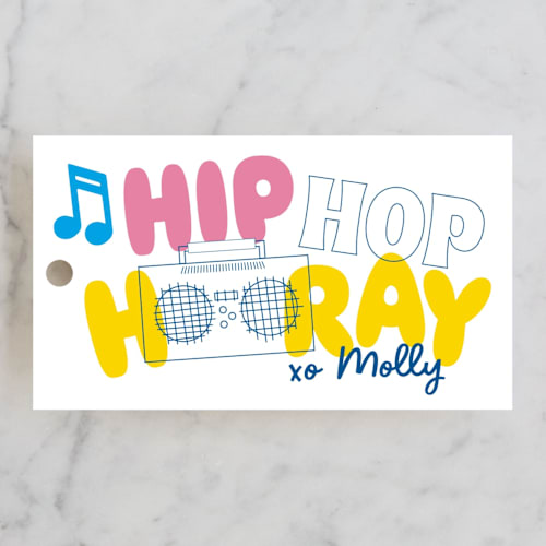 This is a candy kids gift tags with standard by Baumbirdy called hip hop hooray printing on signature in tag