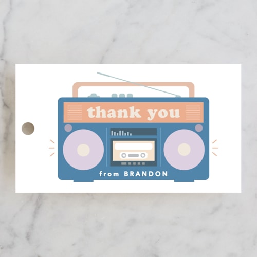 This is a denim kids gift tags with standard by Creo Study called lets rock printing on signature in tag