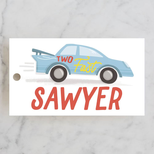 This is a racing red kids gift tags with standard by Jessie Steury called two fast printing on signature in tag