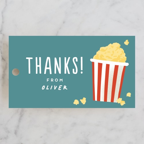 This is a sky kids gift tags with standard by Everett Paper Goods called blockbuster birthday printing on signature in tag