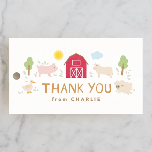 This is a cotton kids gift tags with standard by Creo Study called barnyard noises printing on signature in tag