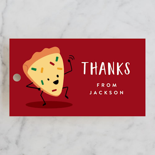 This is a tomato kids gift tags with standard by Katie Zimpel called it's a pizza party printing on signature in tag