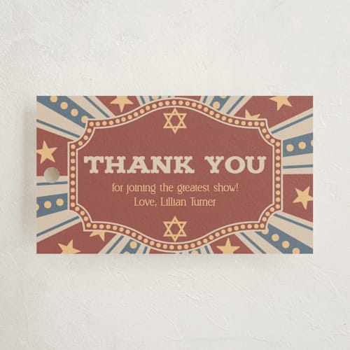 This is a brick kids gift tags with standard by Amanda Stuff called vintage circus bar/bat mitzvah invitation printing on signature in tag