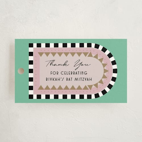 This is a aqua kids gift tags with standard by Becky Nimoy called hollywood deco printing on signature in tag