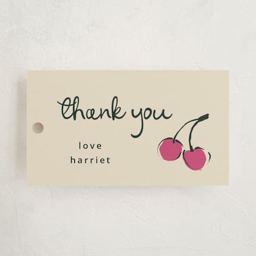 This is a tomato kids gift tags with standard by Kelly Watkins called cherries printing on signature in tag