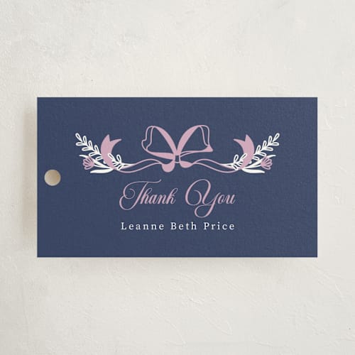This is a lavender party favor tags with standard by letterfix called monogram crest printing on signature in tag