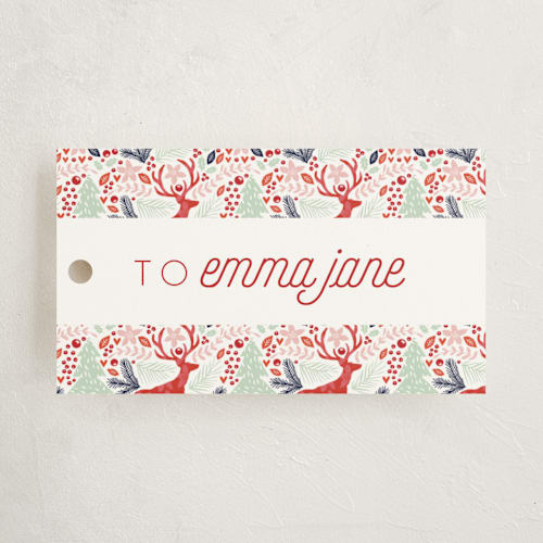 This is a fruit punch gift tags by Phrosné Barwood called jumping reindeer printing on signature in tag
