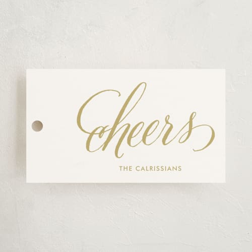 This is a gold gift tags by Lauren Chism called script & stripes printing on signature in tag