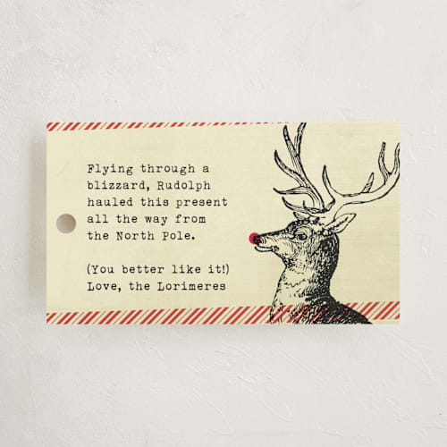 This is a crimson gift tags with standard by Ann Gardner called rudolph printing on signature in tag