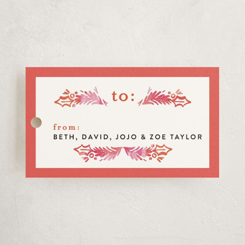 This is a tangerine gift tags by Alethea and Ruth called painted pine leaves printing on signature in tag