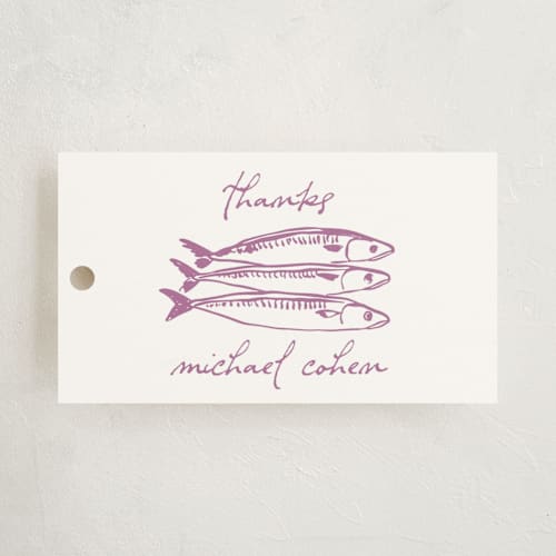 This is a plum gift tags with standard by Megan Davis called sardines printing on signature in tag