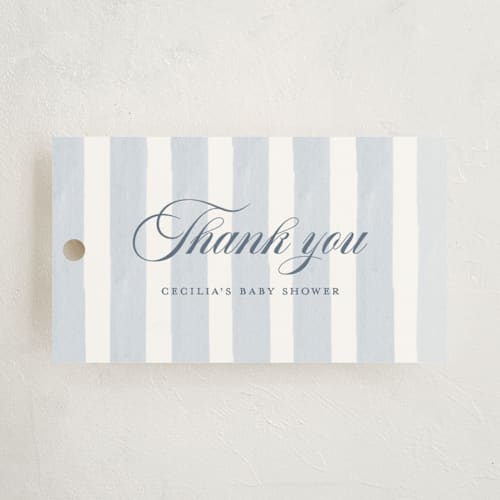 This is a mint baby shower favor tags with standard by Pati Cascino called celina printing on signature in tag