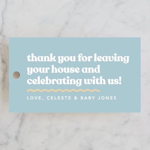 This is a ocean baby shower favor tags with standard by Robert and Stella called it's an event printing on signature in tag