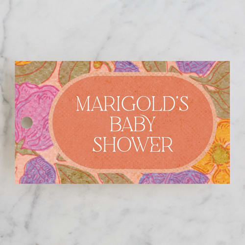 This is a peach baby shower favor tags with standard by Simona Camp called vintage garden printing on signature in tag