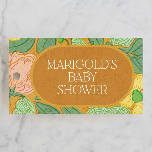 This is a marigold baby shower favor tags with standard by Simona Camp called vintage garden printing on signature in tag