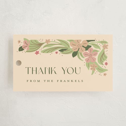This is a petal baby shower favor tags with standard by Katie Zimpel called bright botanical border printing on signature in tag