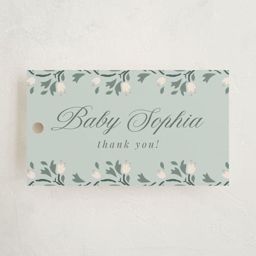 This is a sage baby shower favor tags with standard by Ana de Sousa called little love story printing on signature in tag