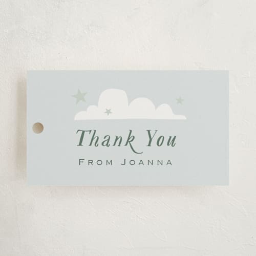 This is a powder baby shower favor tags with standard by Hannah Williams called little explorer printing on signature in tag