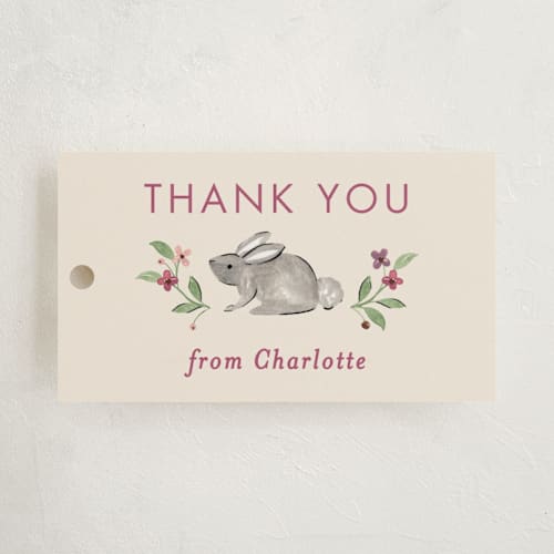 This is a mulberry baby shower favor tags with standard by Sarah Knight called trellis printing on signature in tag