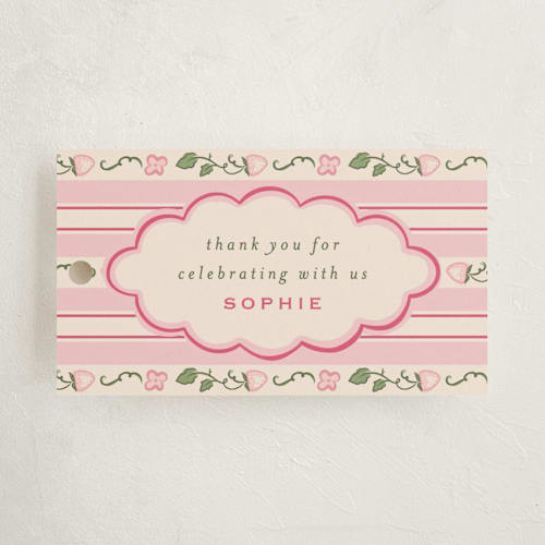 This is a berry baby shower favor tags with standard by letterfix called very berry printing on signature in tag