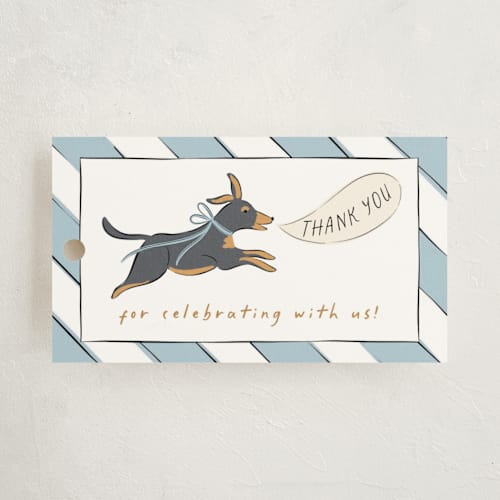This is a fur baby shower favor tags with standard by Erin German called party puppies printing on signature in tag