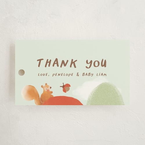 This is a mint baby shower favor tags with standard by chocomocacino called tippaleipä printing on signature in tag