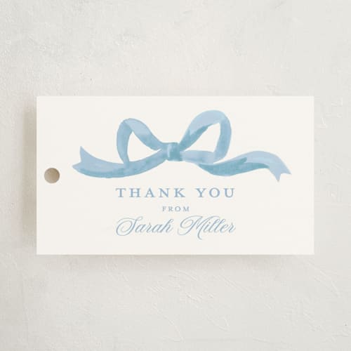 This is a sky baby shower favor tags with standard by Teju Reval called painted bow printing on signature in tag