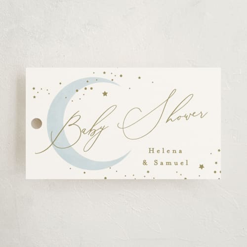 This is a mist baby shower favor tags with standard by Everett Paper Goods called simple moon printing on signature in tag