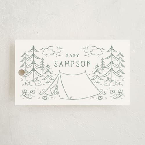 This is a sage baby shower favor tags with standard by Kiersten Garner called the adventure begins printing on signature in tag