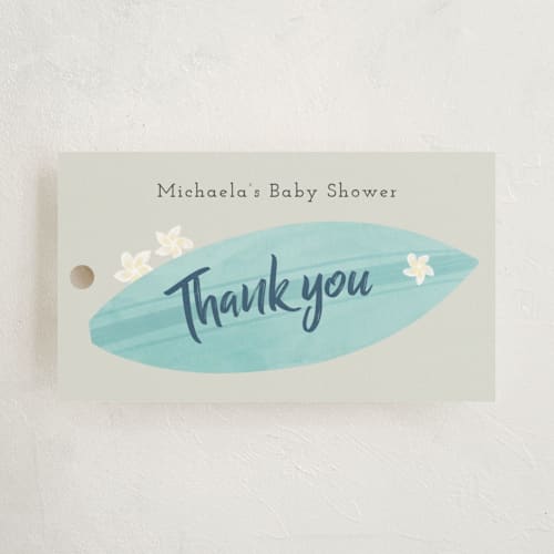This is a pebble baby shower favor tags with standard by Adelyn T. called surf baby printing on signature in tag