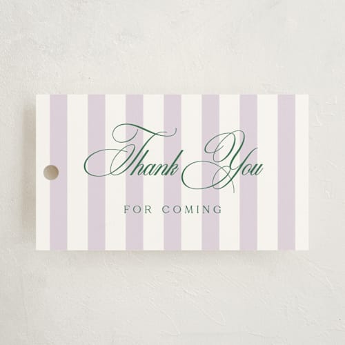 This is a lilac baby shower favor tags with standard by Kelly Schmidt called resort printing on signature in tag