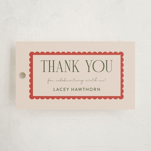 This is a taupe baby shower favor tags with standard by Ashlee Townsend called prep room printing on signature in tag