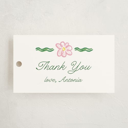 This is a garden baby shower favor tags with standard by Pati Cascino called dilleto printing on signature in tag