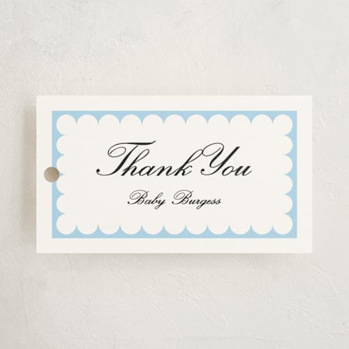 This is a sky baby shower favor tags with standard by Catherine Culvenor called sweetly scalloped printing on signature in tag