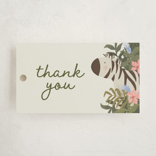 This is a moss baby shower favor tags with standard by Joanna Griffin called jungle animals printing on signature in tag