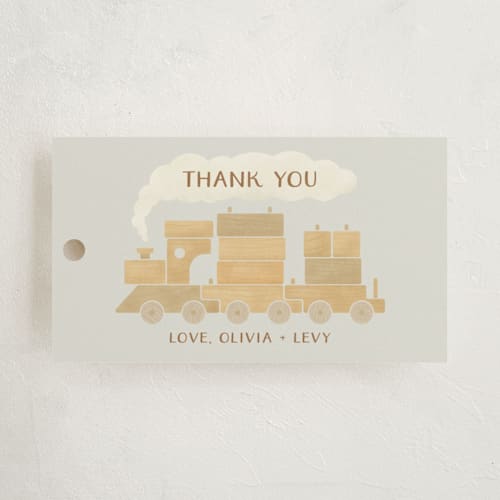 This is a slate baby shower favor tags with standard by Adelyn T. called choo choo train printing on signature in tag