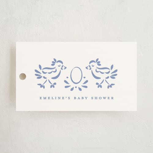 This is a bluebell baby shower favor tags with standard by Gwen Bedat called birdie printing on signature in tag