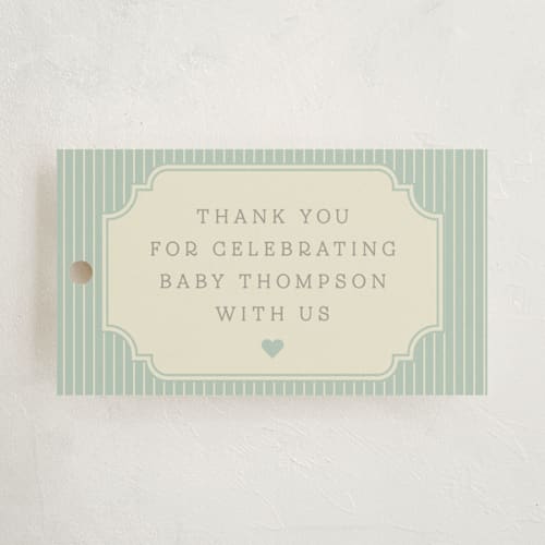 This is a seafoam baby shower favor tags with standard by Robert and Stella called brooke printing on signature in tag