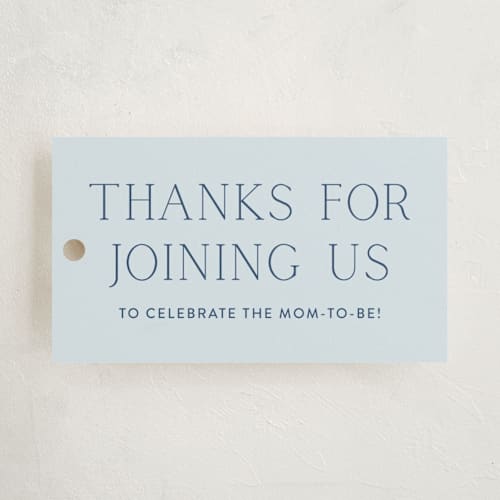 This is a azure baby shower favor tags with standard by Annie Shapiro called boy oh boy! printing on signature in tag