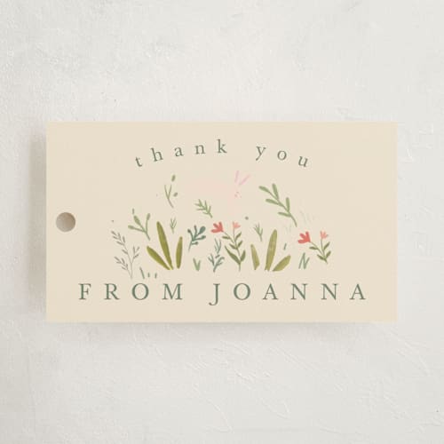 This is a sand baby shower favor tags with standard by Hannah Williams called oval forest printing on signature in tag