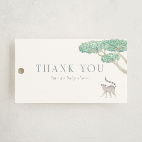 This is a sky blue baby shower favor tags with standard by Sabrin Deirani called africa printing on signature in tag
